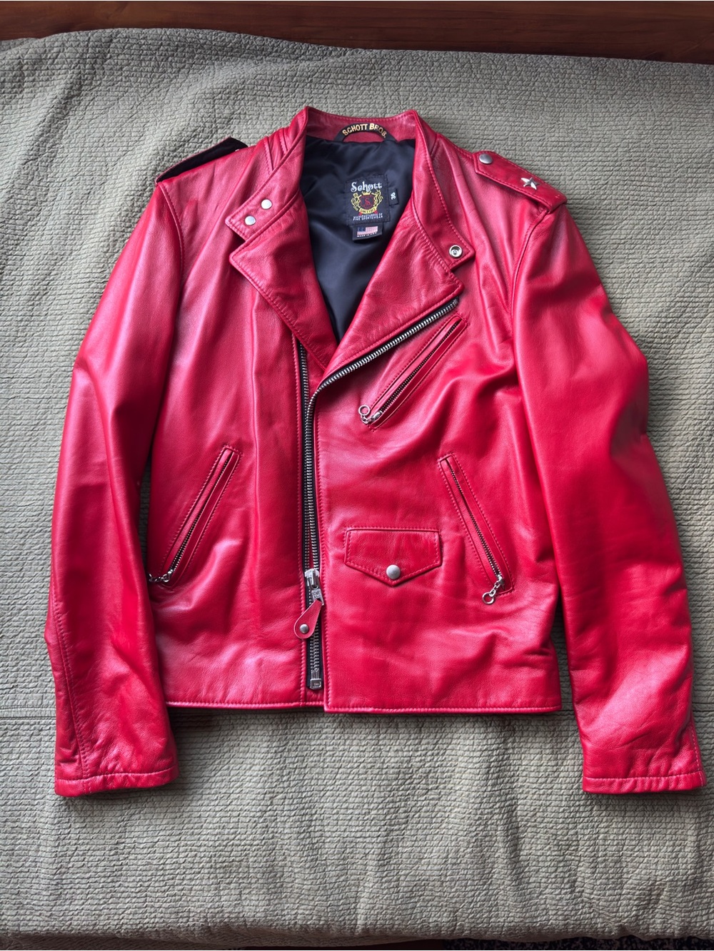 Custom Schott NYC Red Leather Biker Jacket with Asymmetrical Zip - Size 36